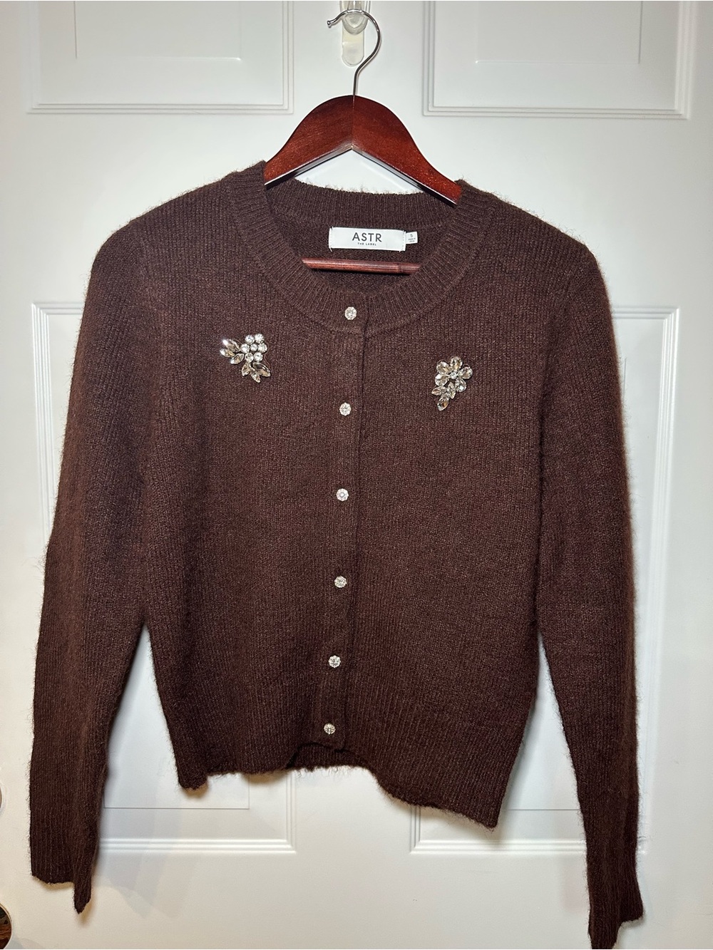 ASTR The Label Chocolate Brown Crystal Embellished Cardigan Sweater Size S